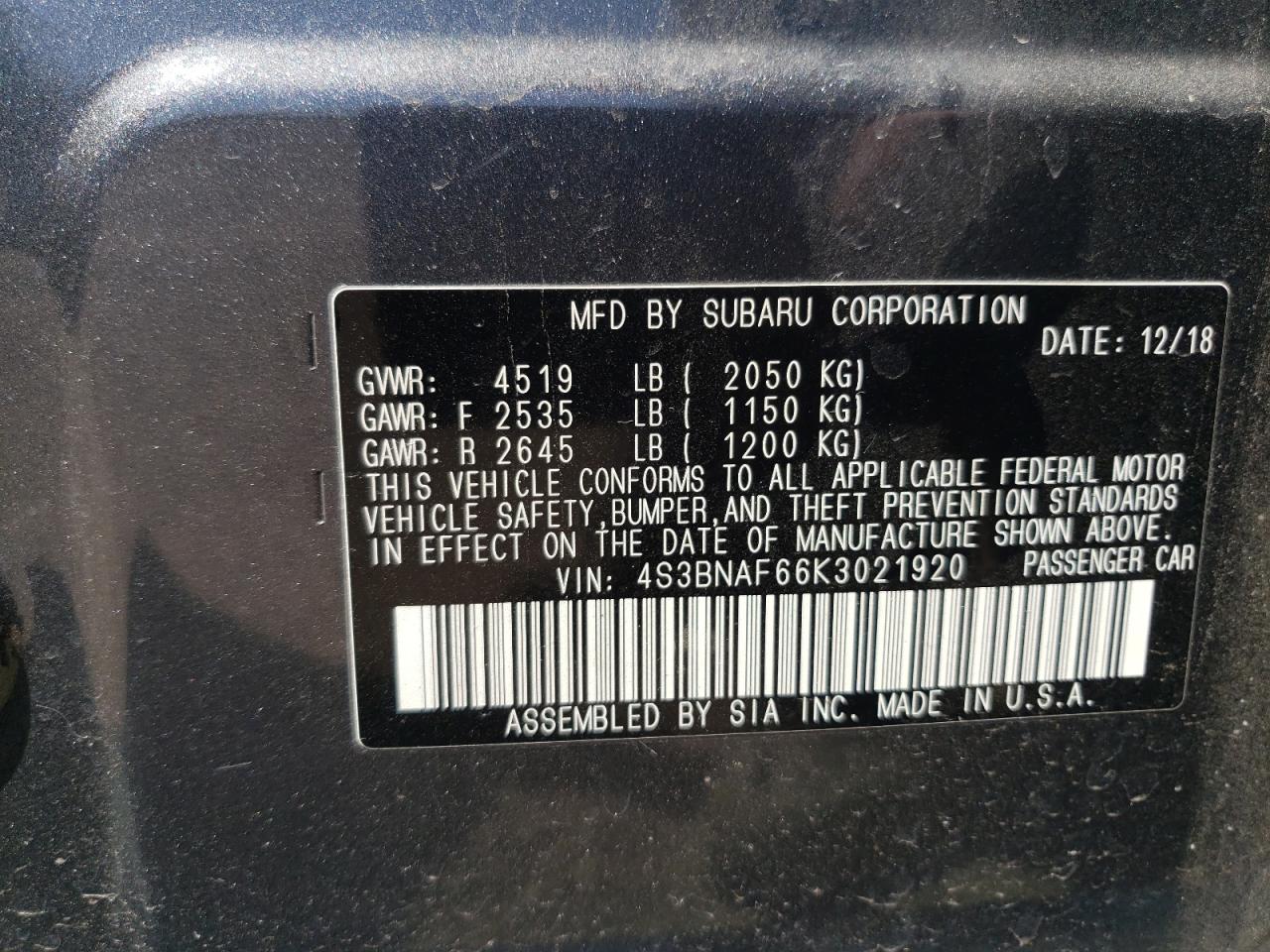 2019 Subaru Legacy 2.5I Premium VIN: 4S3BNAF66K3021920 Lot: 57092485