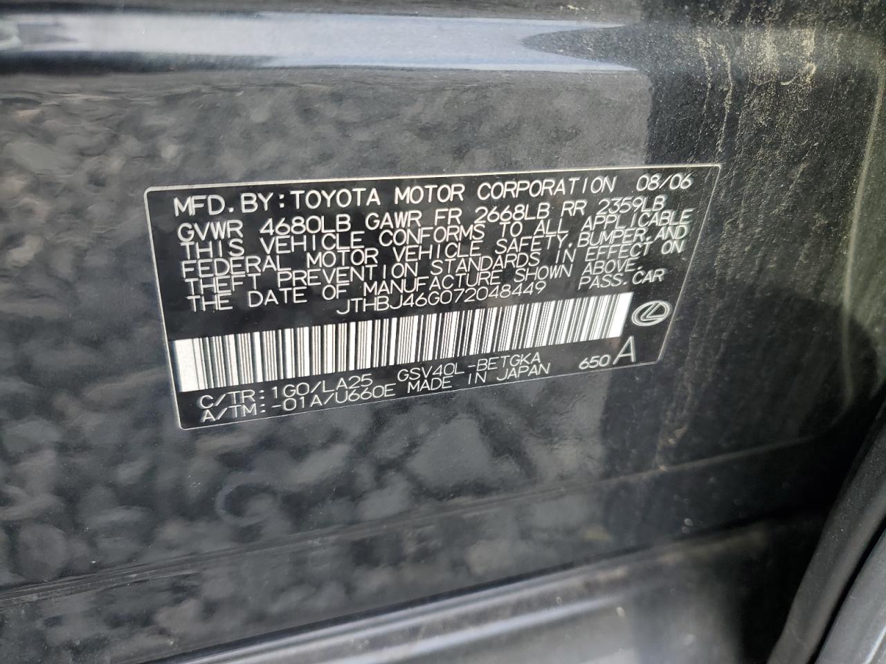 2007 Lexus Es 350 VIN: JTHBJ46G072048449 Lot: 49924315