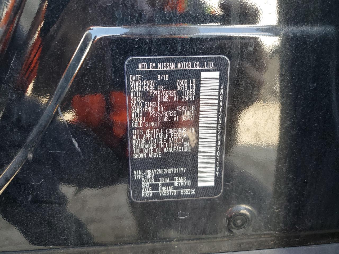 2017 Nissan Armada Platinum VIN: JN8AY2NE2H9701177 Lot: 58912495