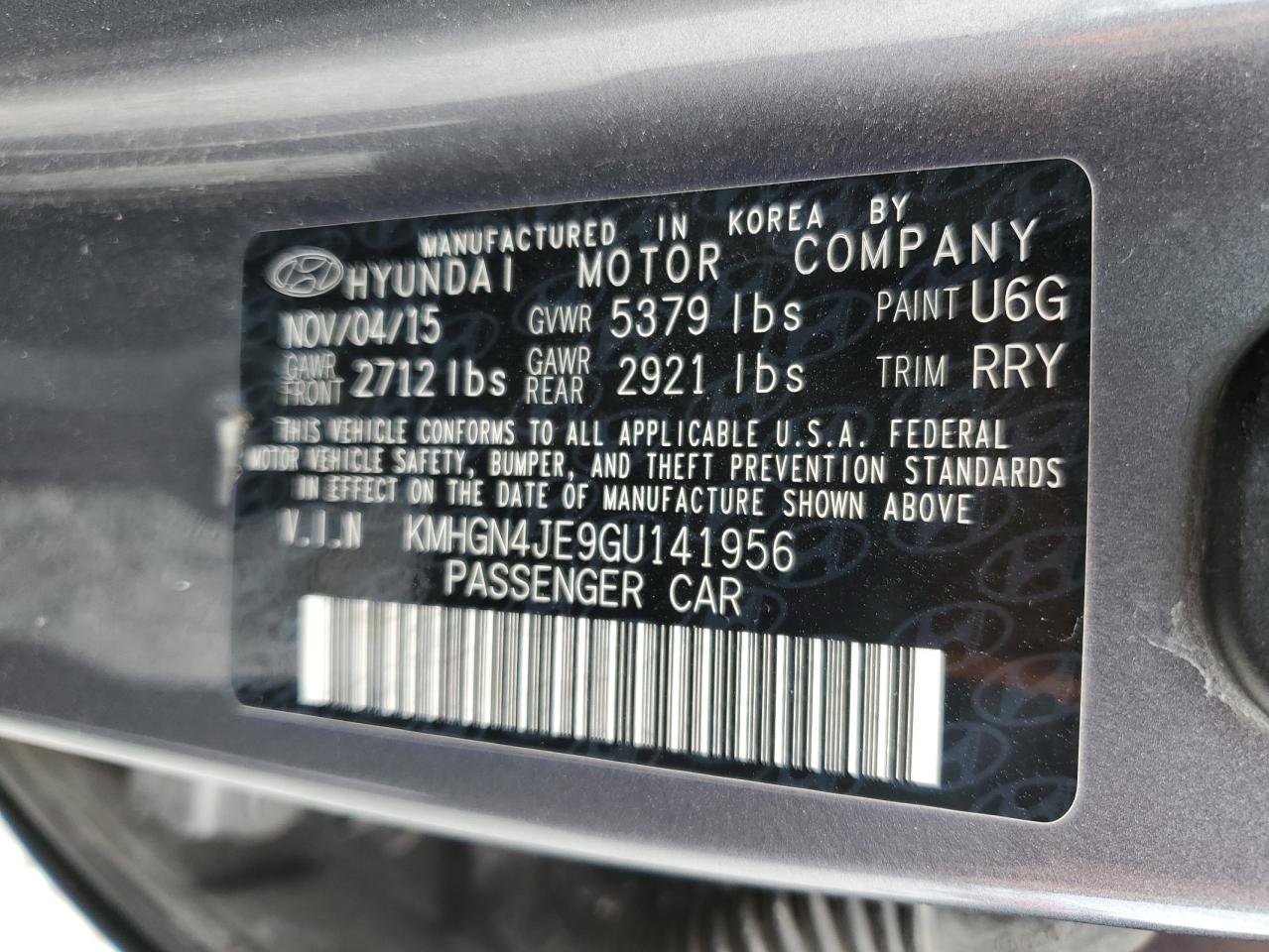 2016 Hyundai Genesis 3.8L VIN: KMHGN4JE9GU141956 Lot: 57430545