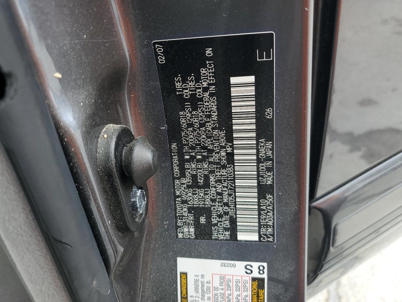 2007 Toyota Land Cruiser VIN: JTEHT05J172110383 Lot: 56296285