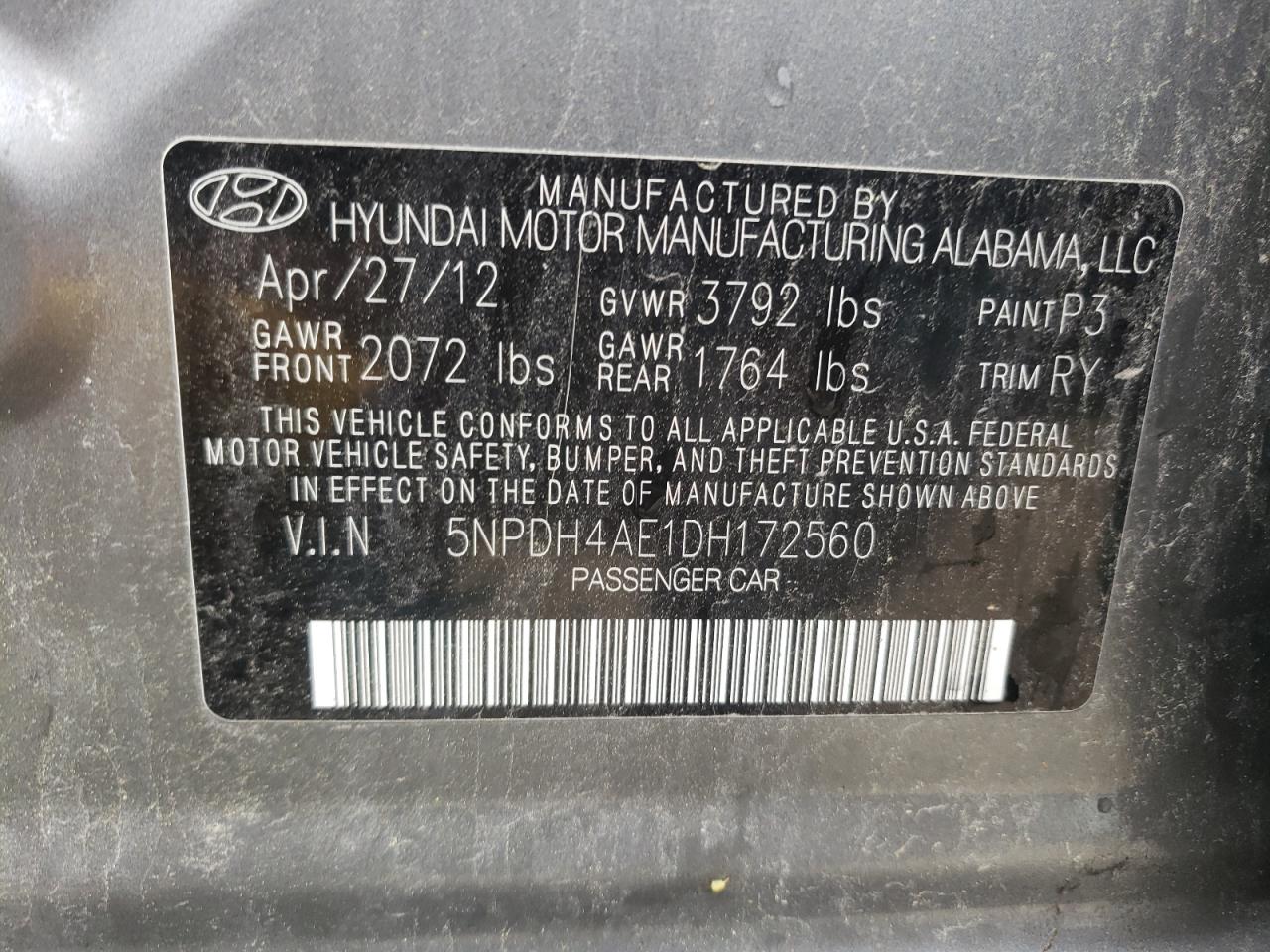 2013 Hyundai Elantra Gls VIN: 5NPDH4AE1DH172560 Lot: 56641285