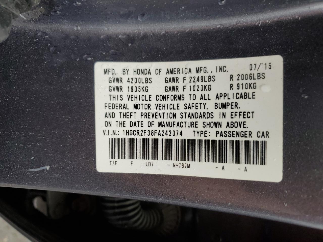 2015 Honda Accord Lx VIN: 1HGCR2F38FA243074 Lot: 56571585