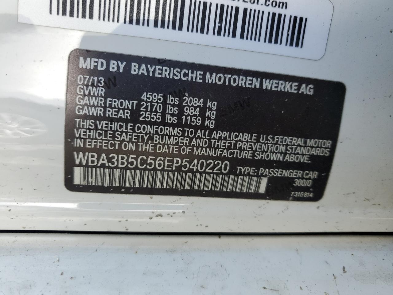 2014 BMW 328 Xi Sulev VIN: WBA3B5C56EP540220 Lot: 55599475