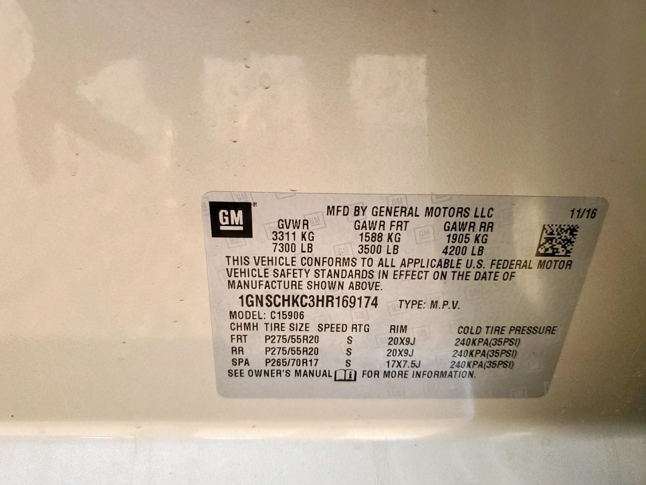 1GNSCHKC3HR169174 CHEVROLET SUBURBAN 2017