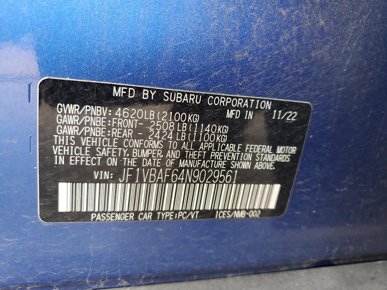 2022 Subaru Wrx Premium VIN: JF1VBAF64N9029561 Lot: 56467545