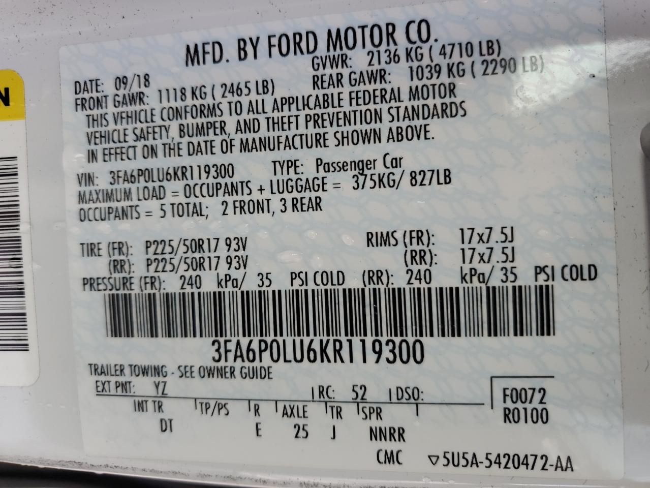 2019 Ford Fusion Se VIN: 3FA6P0LU6KR119300 Lot: 57157405