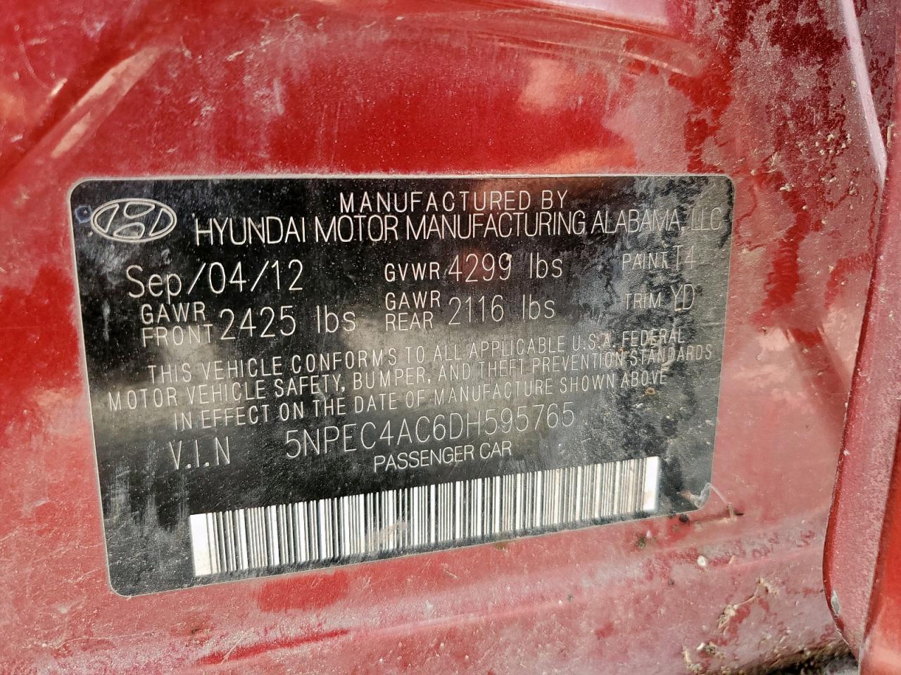 2013 Hyundai Sonata Se VIN: 5NPEC4AC6DH595765 Lot: 57640875