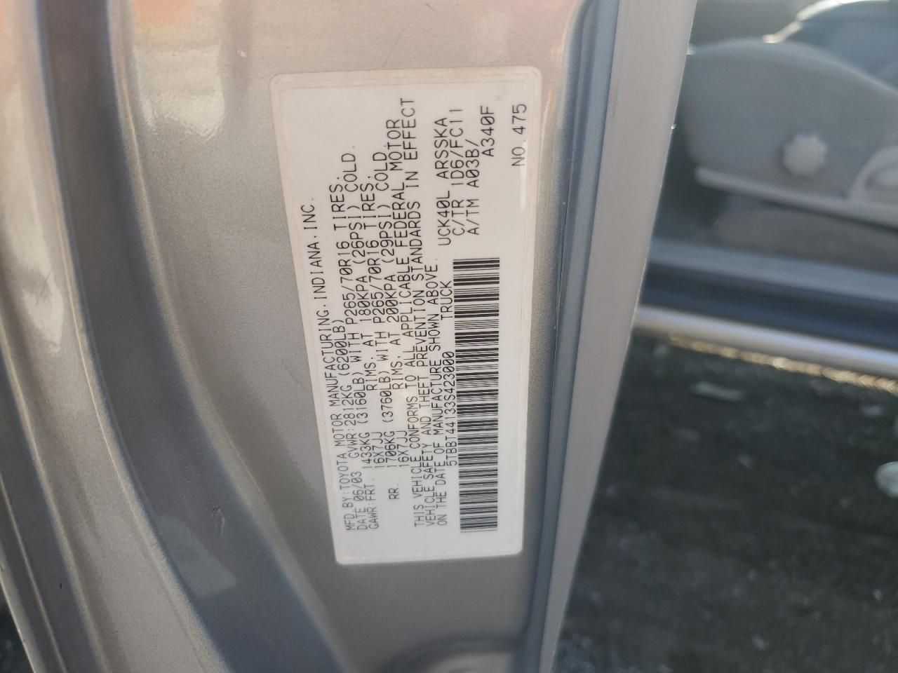 2003 Toyota Tundra Access Cab Sr5 VIN: 5TBBT44133S423000 Lot: 57410475