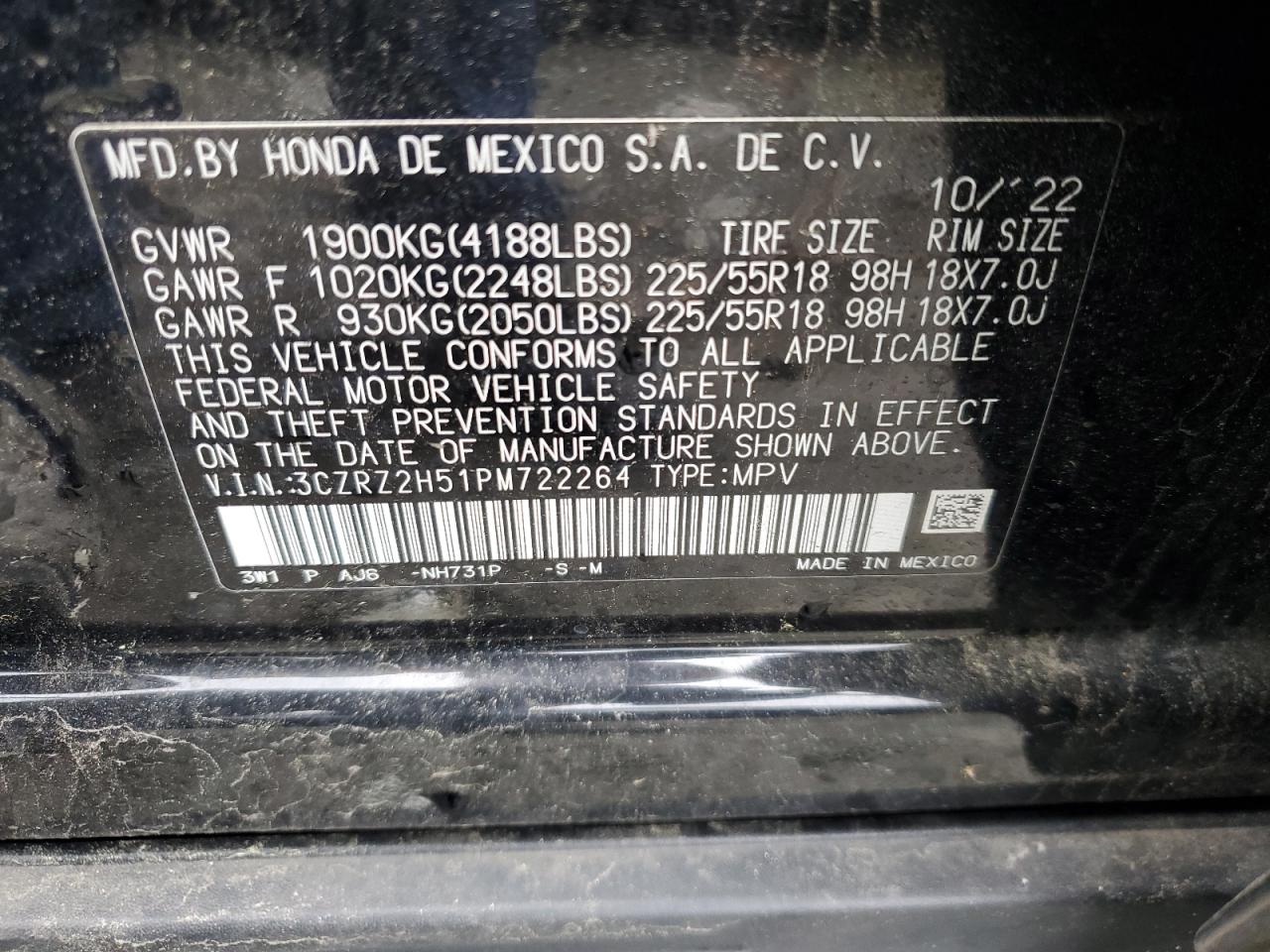 2023 Honda Hr-V Sport VIN: 3CZRZ2H51PM722264 Lot: 58031755