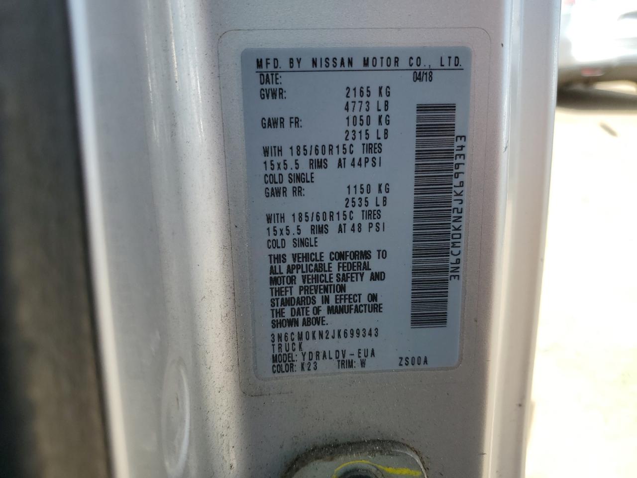 2018 Nissan Nv200 2.5S VIN: 3N6CM0KN2JK699343 Lot: 56197105