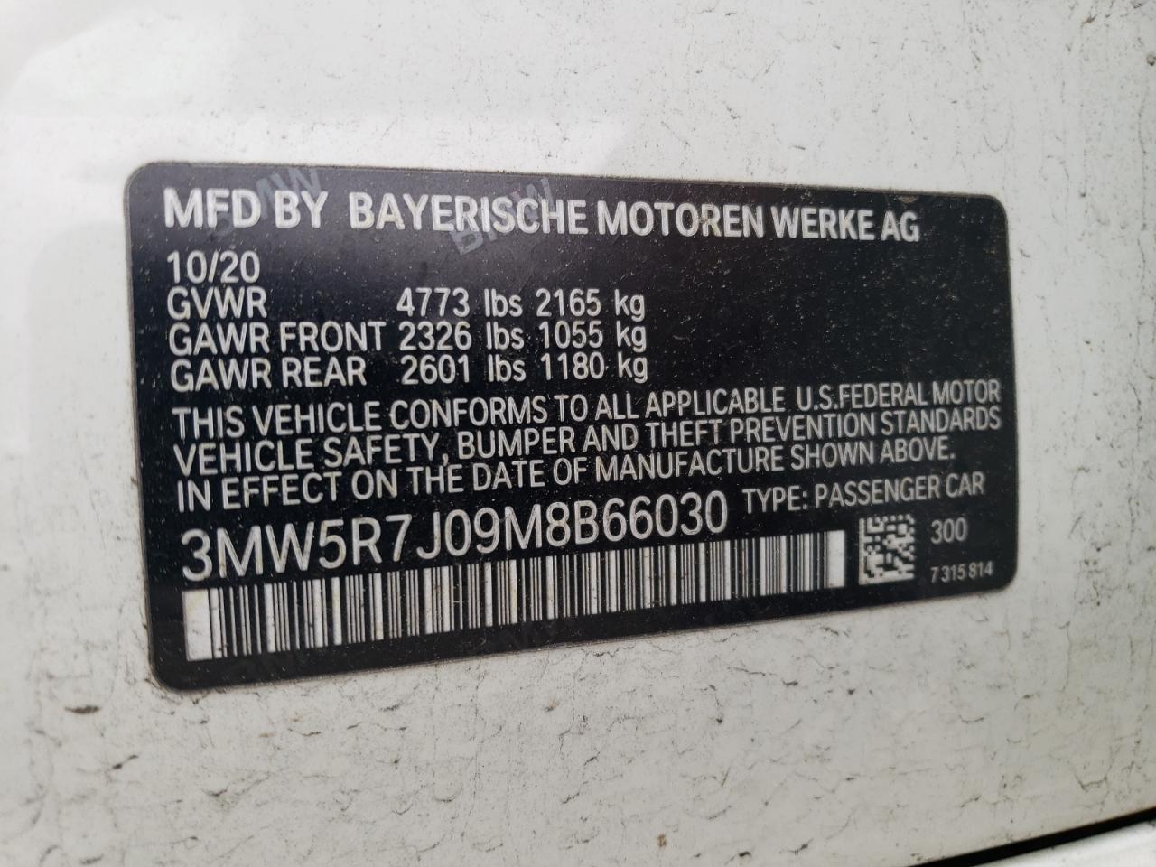 2021 BMW 330Xi VIN: 3MW5R7J09M8B66030 Lot: 55814885