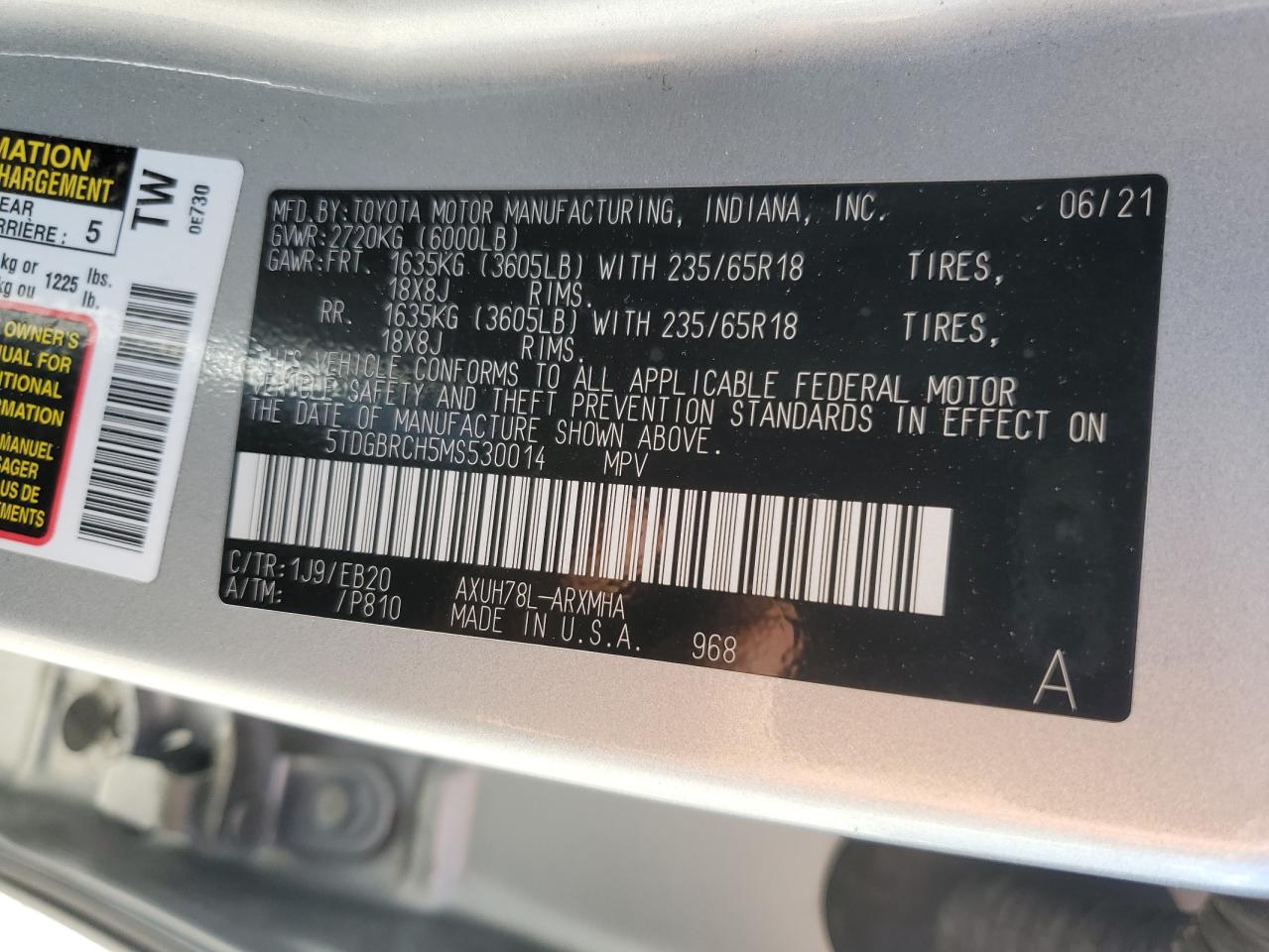 2021 Toyota Highlander Hybrid Xle VIN: 5TDGBRCH5MS530014 Lot: 62666325