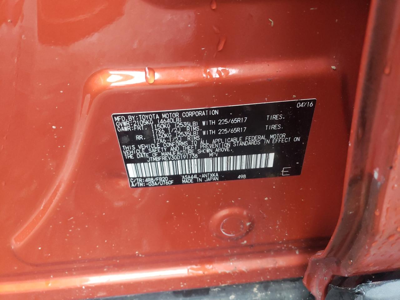 JTMBFREV3GD191738 TOYOTA RAV4 2016