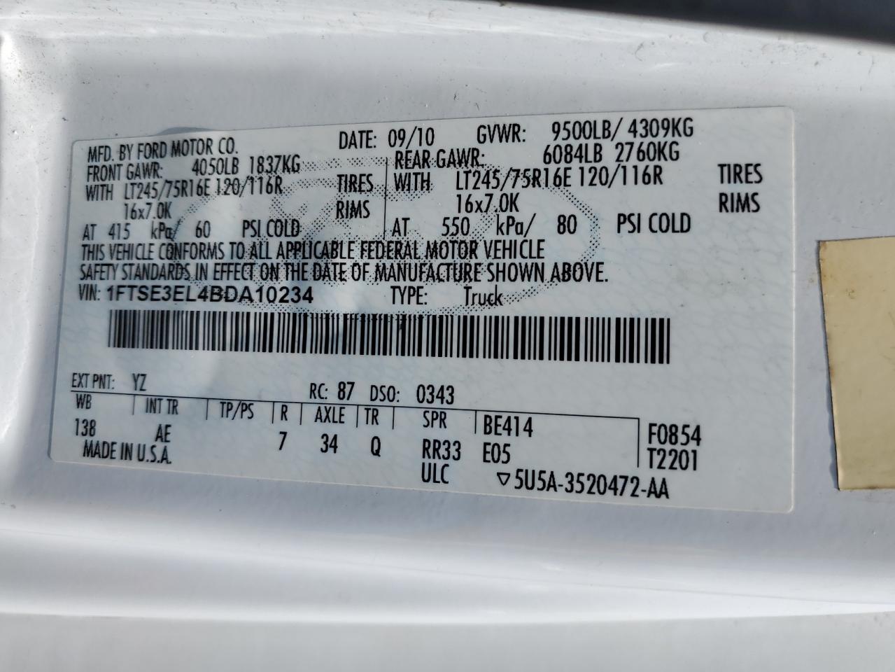 2011 Ford Econoline E350 Super Duty Van VIN: 1FTSE3EL4BDA10234 Lot: 58527455