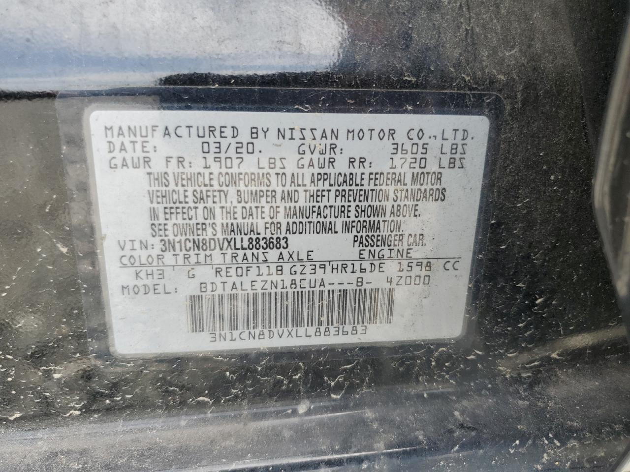 2020 Nissan Versa S VIN: 3N1CN8DVXLL883683 Lot: 57266085