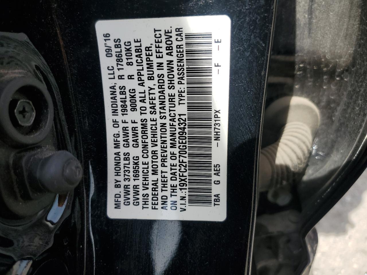 19XFC2F70GE094321 HONDA CIVIC 2016