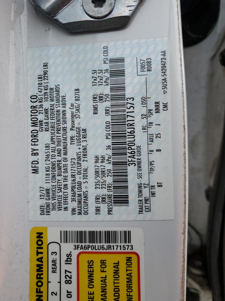 2018 Ford Fusion Se Hybrid VIN: 3FA6P0LU6JR171573 Lot: 54043145