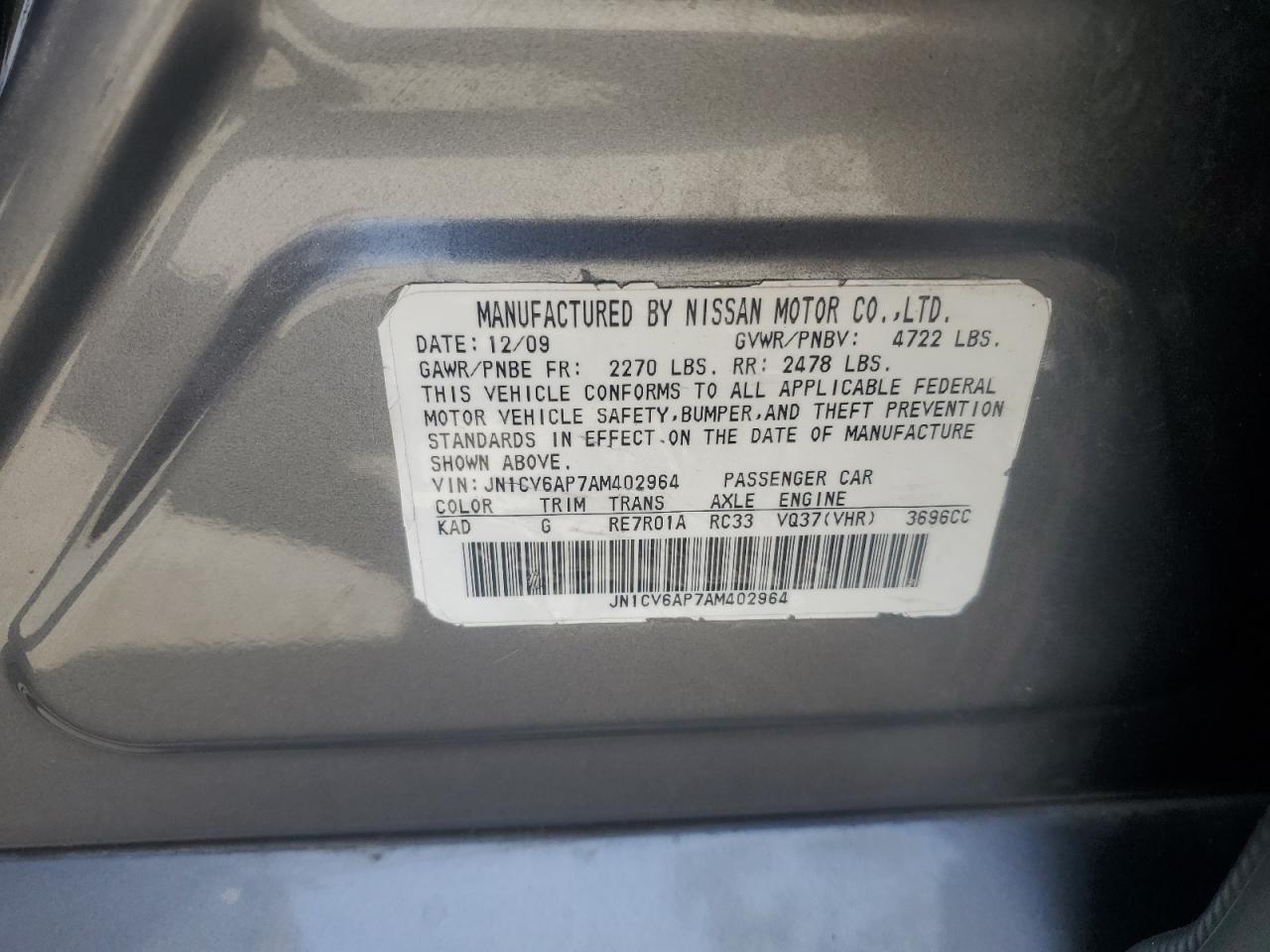 2010 Infiniti G37 Base VIN: JN1CV6AP7AM402964 Lot: 55861905