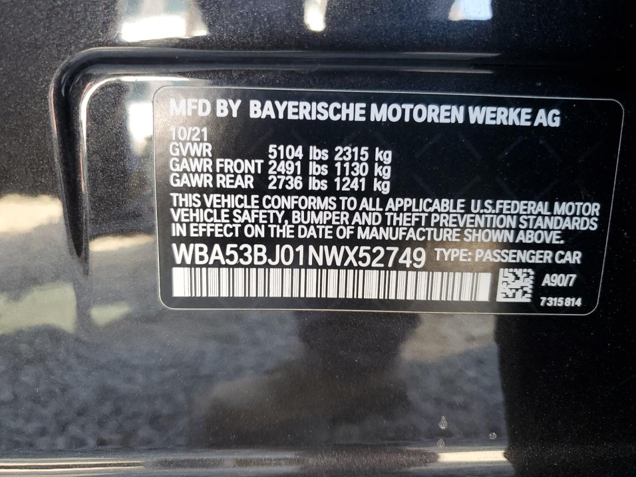 2022 BMW 540 I VIN: WBA53BJ01NWX52749 Lot: 54991205
