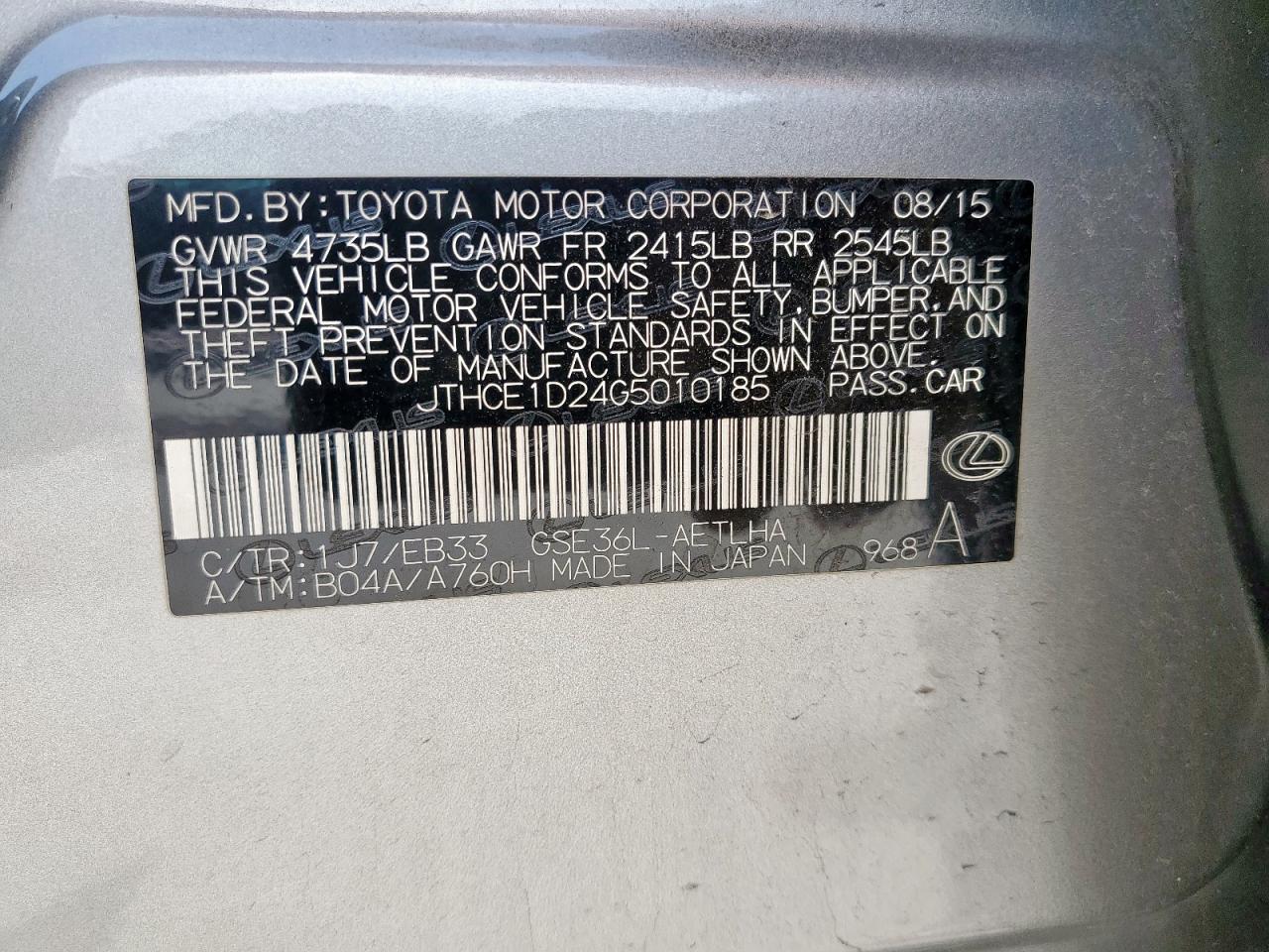 2016 Lexus Is 350 VIN: JTHCE1D24G5010185 Lot: 57132225