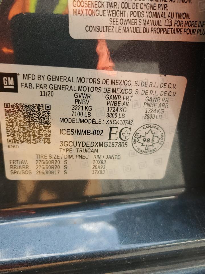 VIN: 3GCUYDEDXMG167805 2021 CHEVROLET ALL Models