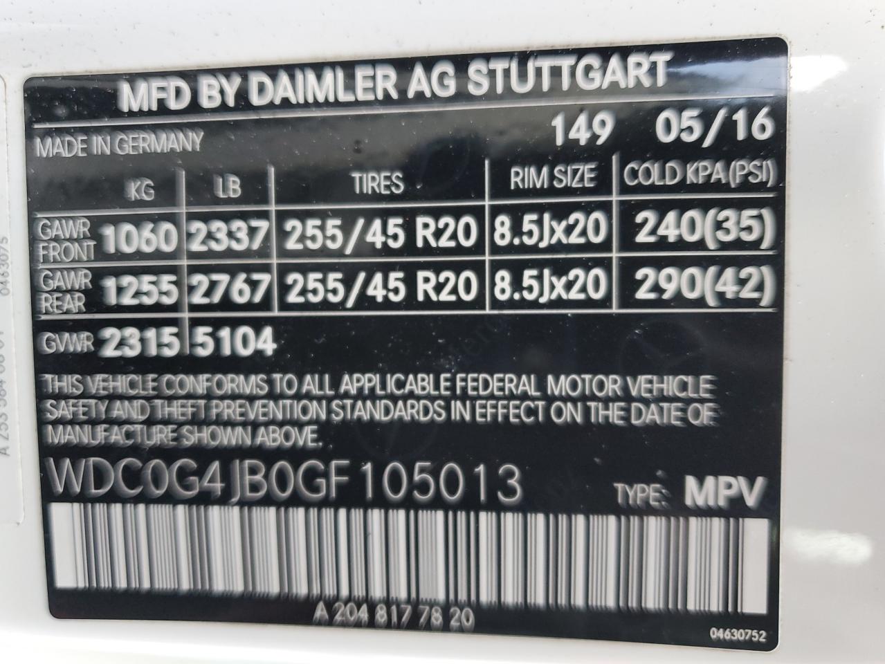 2016 Mercedes-Benz Glc 300 VIN: WDC0G4JB0GF105013 Lot: 57078445