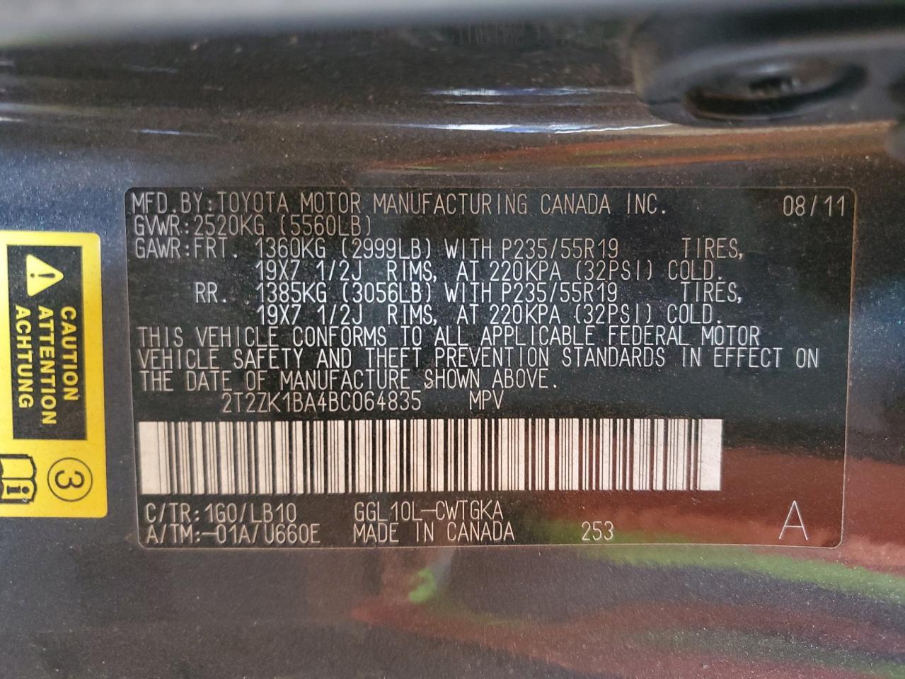 2011 Lexus Rx 350 VIN: 2T2ZK1BA4BC064835 Lot: 56972425