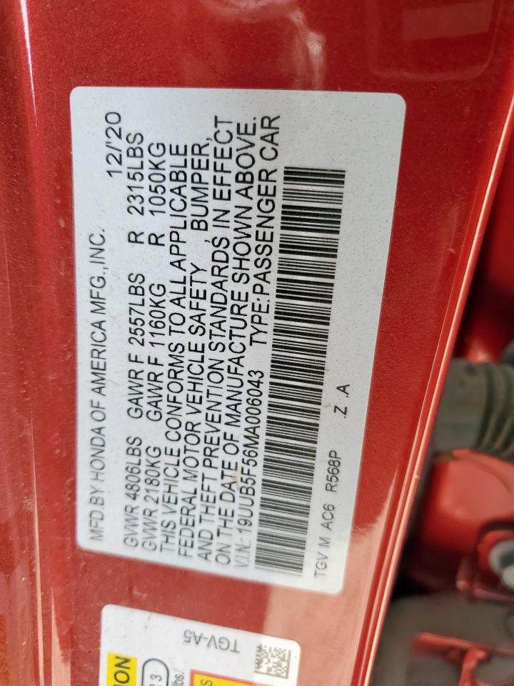 2021 Acura Tlx Tech A VIN: 19UUB5F56MA006043 Lot: 57284725