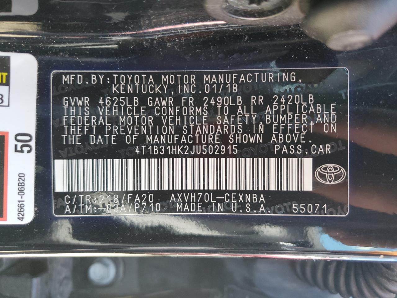 2018 Toyota Camry Le VIN: 4T1B31HK2JU502915 Lot: 57113455