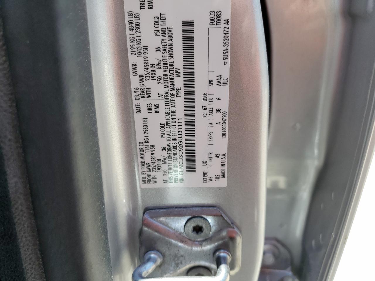 2016 Lincoln Mkc Reserve VIN: 5LMCJ3C92GUJ31111 Lot: 56593495