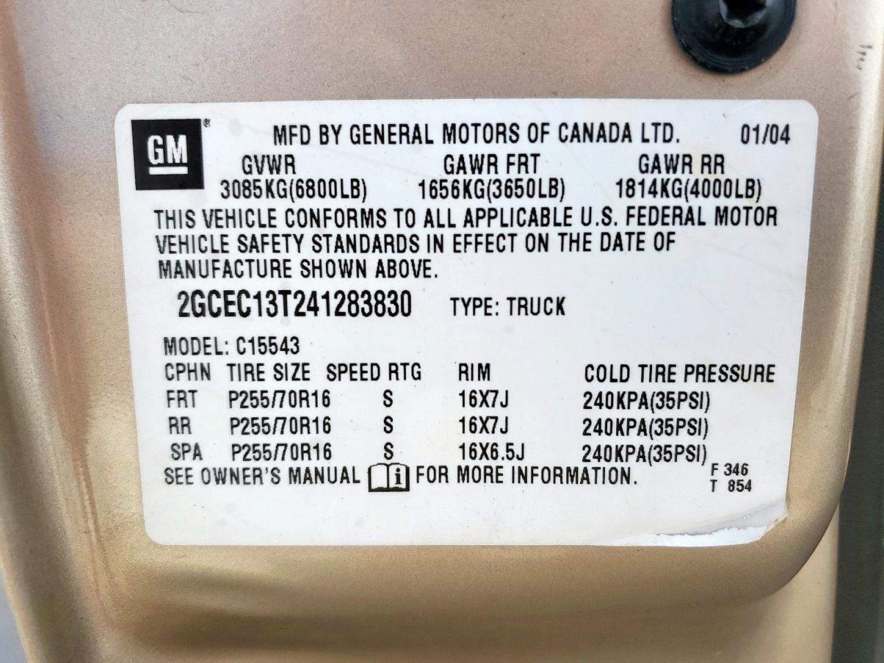 2004 Chevrolet Silverado C1500 VIN: 2GCEC13T241283830 Lot: 56698305