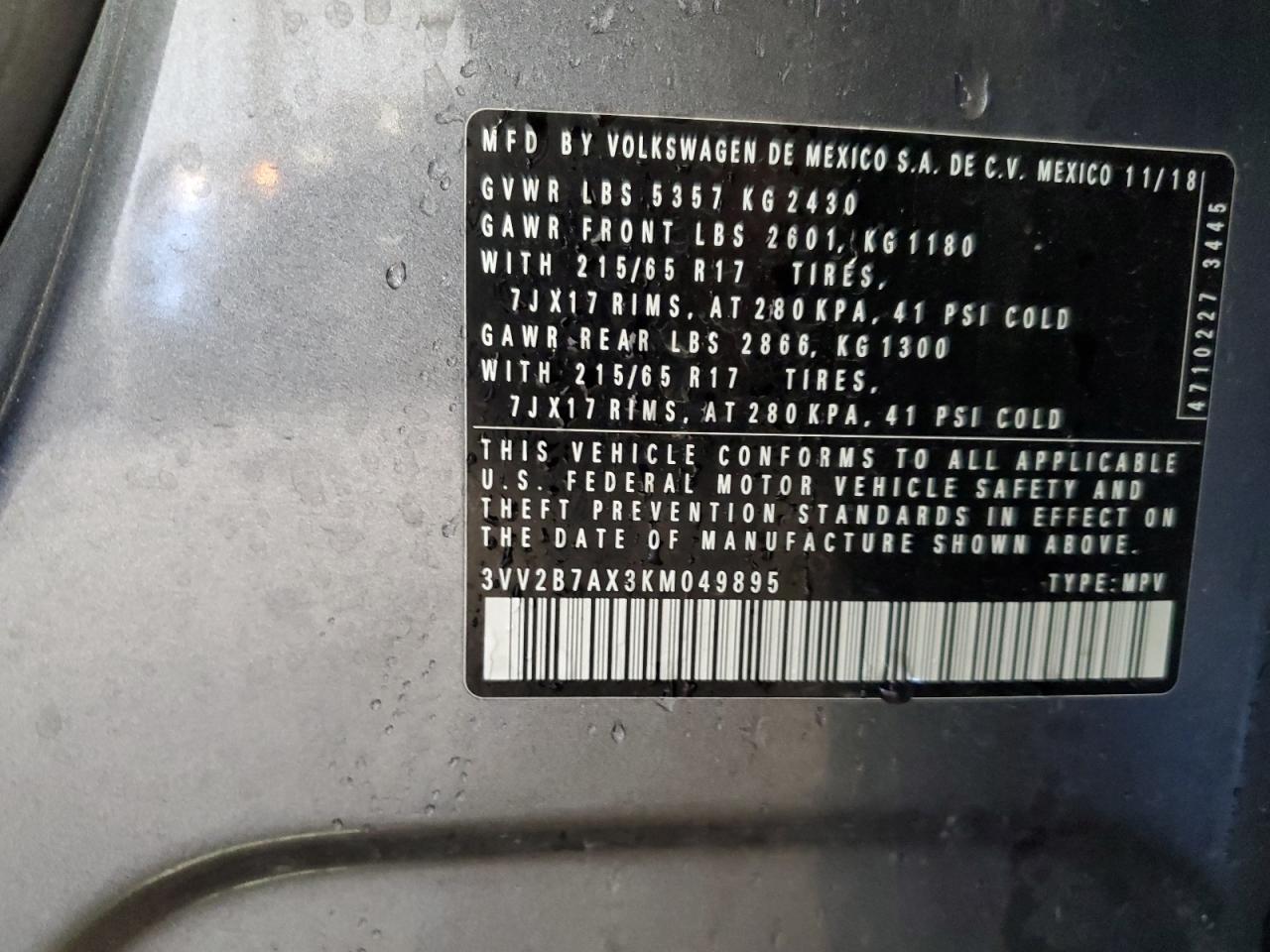 2019 Volkswagen Tiguan Se VIN: 3VV2B7AX3KM049895 Lot: 56180705