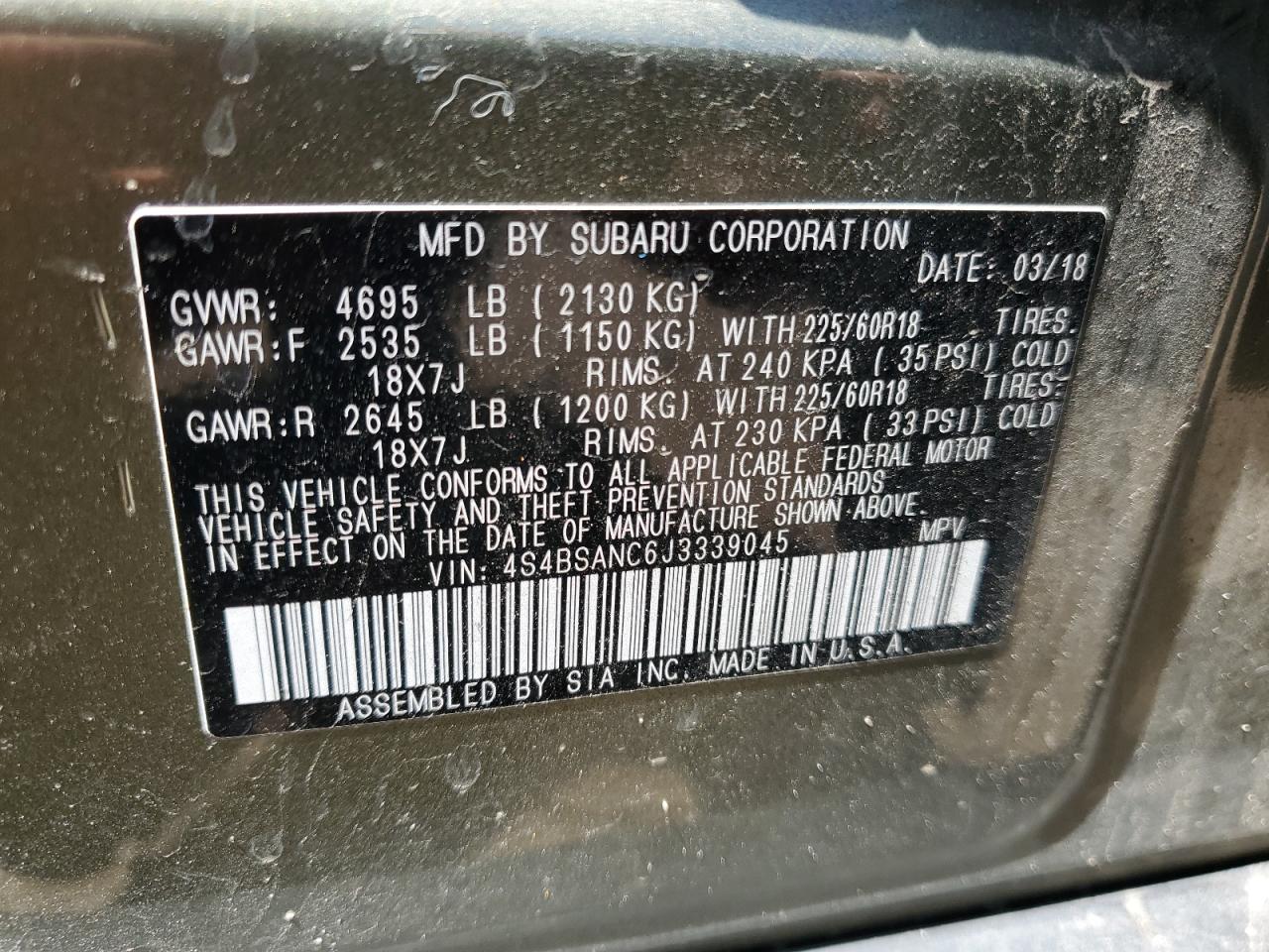 2018 Subaru Outback 2.5I Limited VIN: 4S4BSANC6J3339045 Lot: 57098845