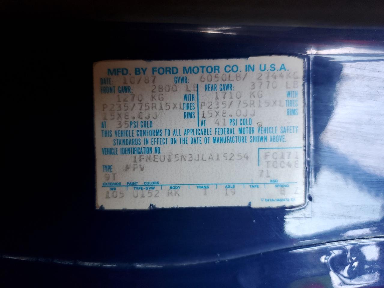 1988 Ford Bronco U100 VIN: 1FMEU15N3JLA19254 Lot: 58265515