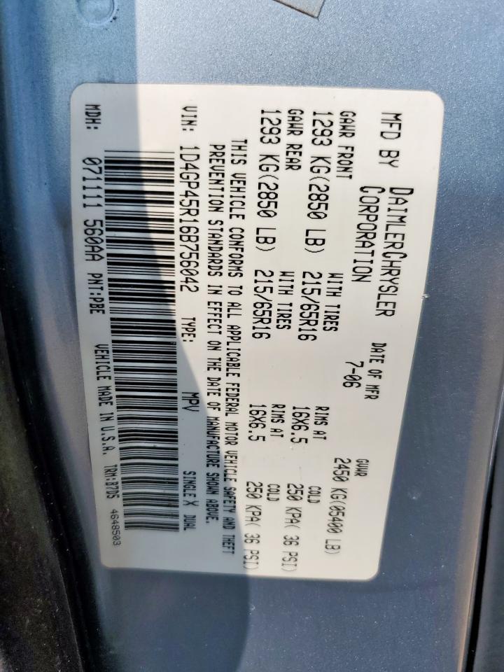 2006 Dodge Caravan Sxt VIN: 1D4GP45R16B756042 Lot: 57303145