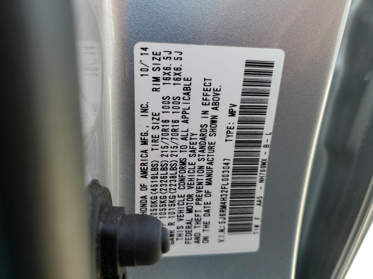 2015 Honda Cr-V Lx VIN: 5J6RM4H32FL003047 Lot: 56968375