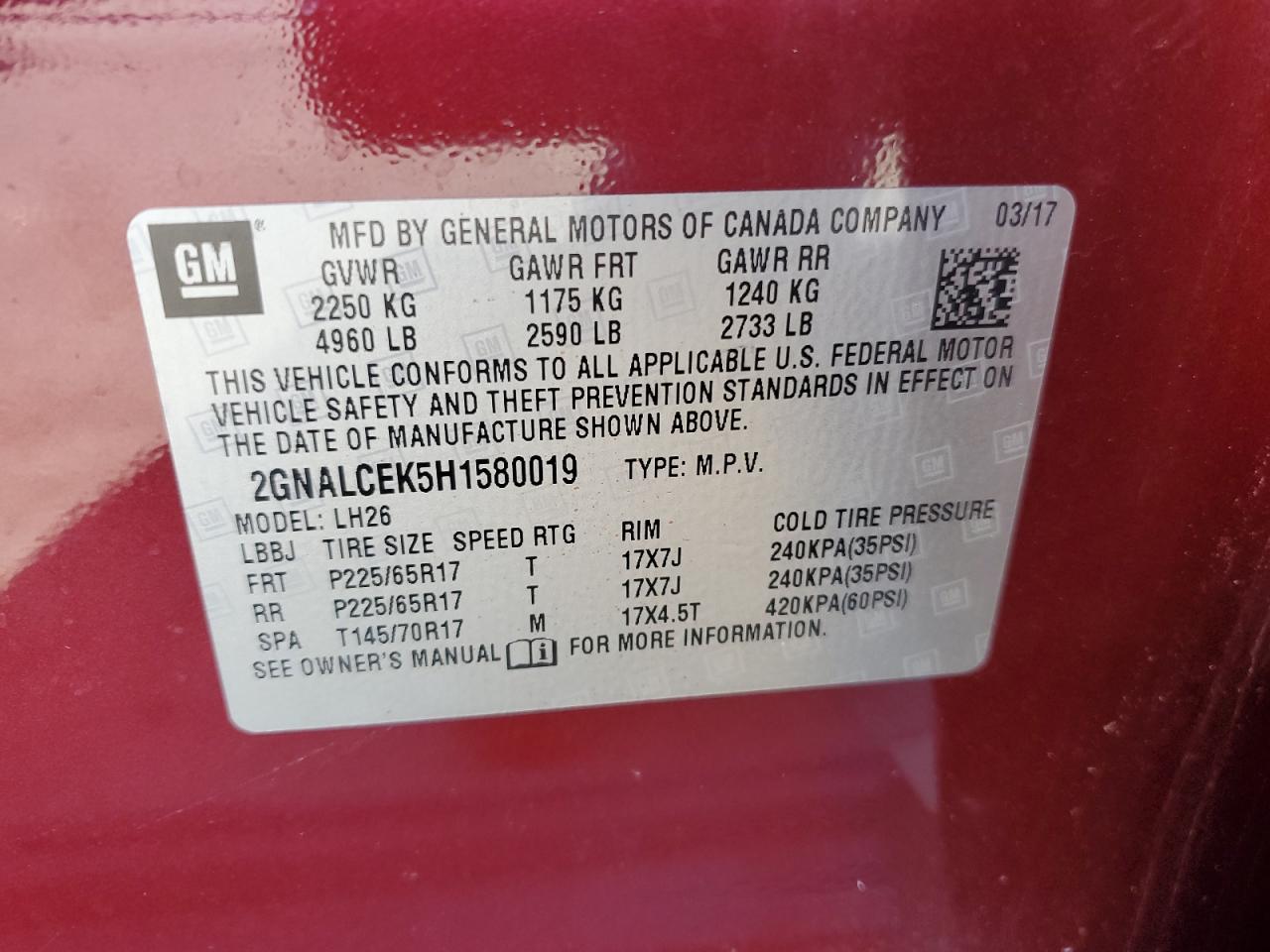 2GNALCEK5H1580019 CHEVROLET EQUINOX 2017