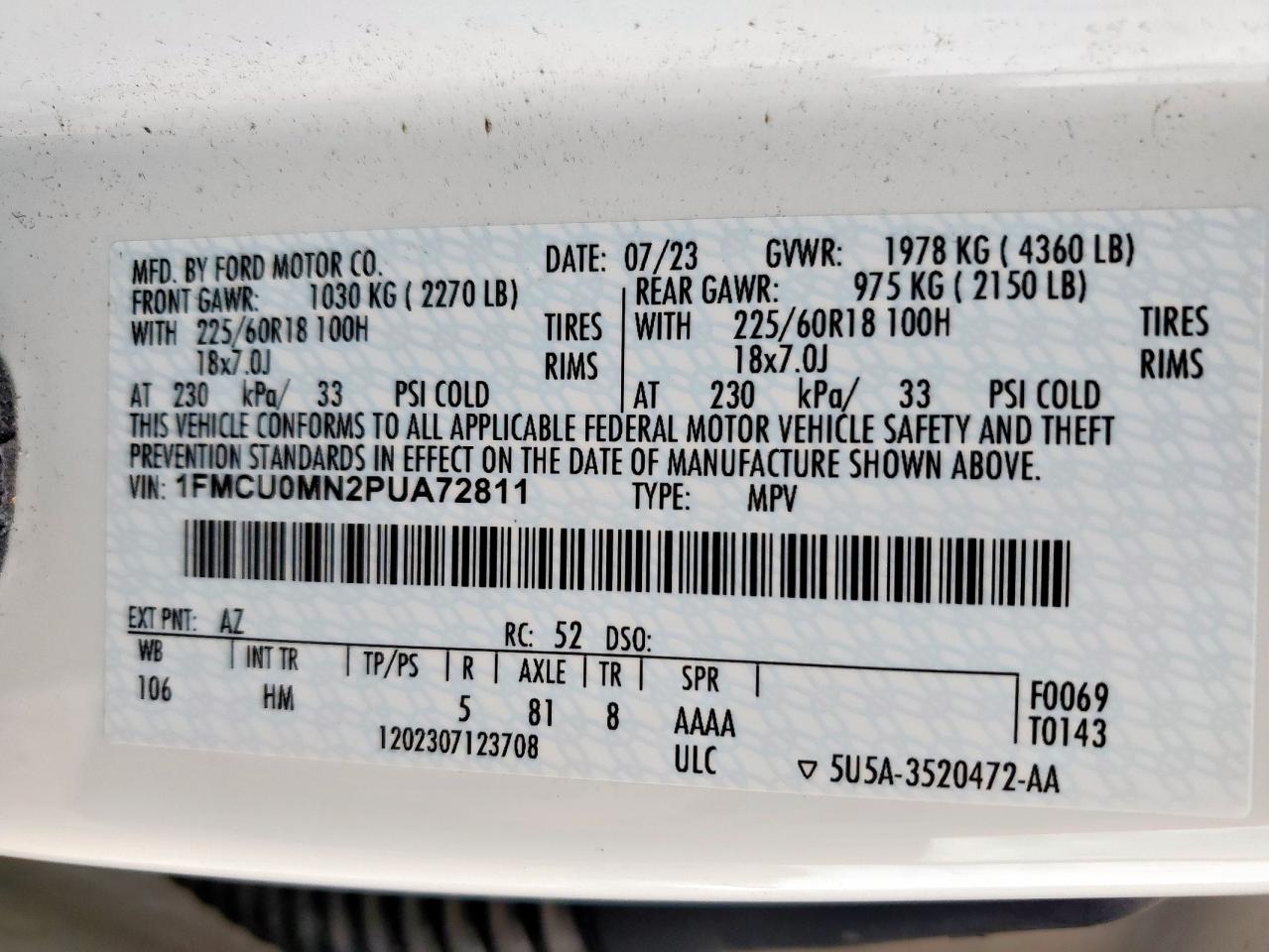 2023 Ford Escape St Line VIN: 1FMCU0MN2PUA72811 Lot: 58195915