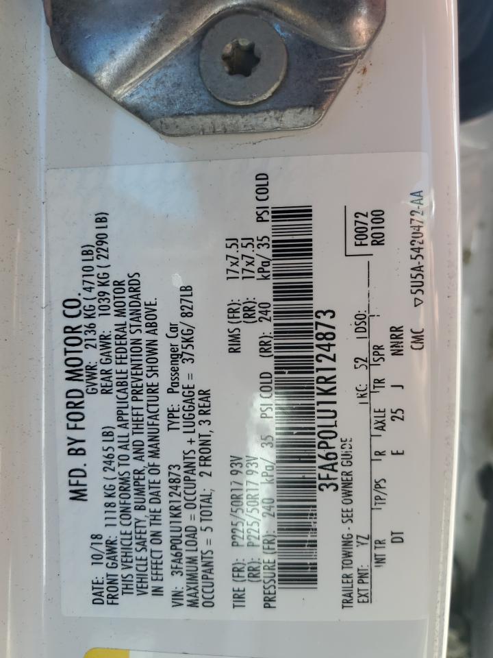 2019 Ford Fusion Se VIN: 3FA6P0LU1KR124873 Lot: 57161255