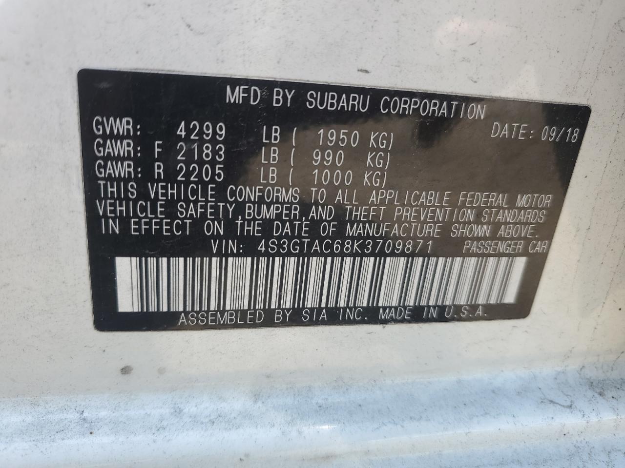 2019 Subaru Impreza Premium VIN: 4S3GTAC68K3709871 Lot: 55459185