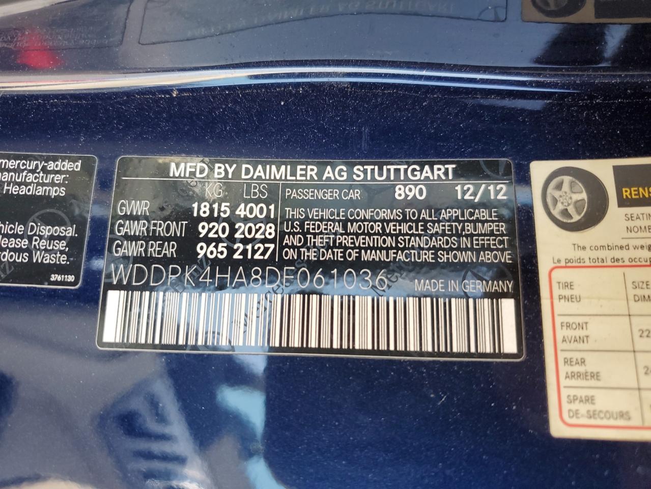 2013 Mercedes-Benz Slk 250 VIN: WDDPK4HA8DF061036 Lot: 55662795