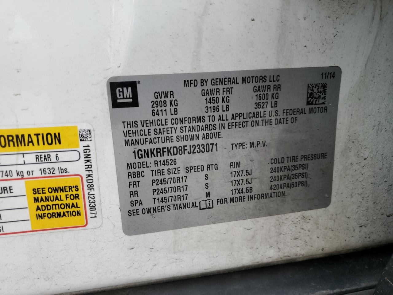 2015 Chevrolet Traverse Ls VIN: 1GNKRFKD8FJ233071 Lot: 58671015