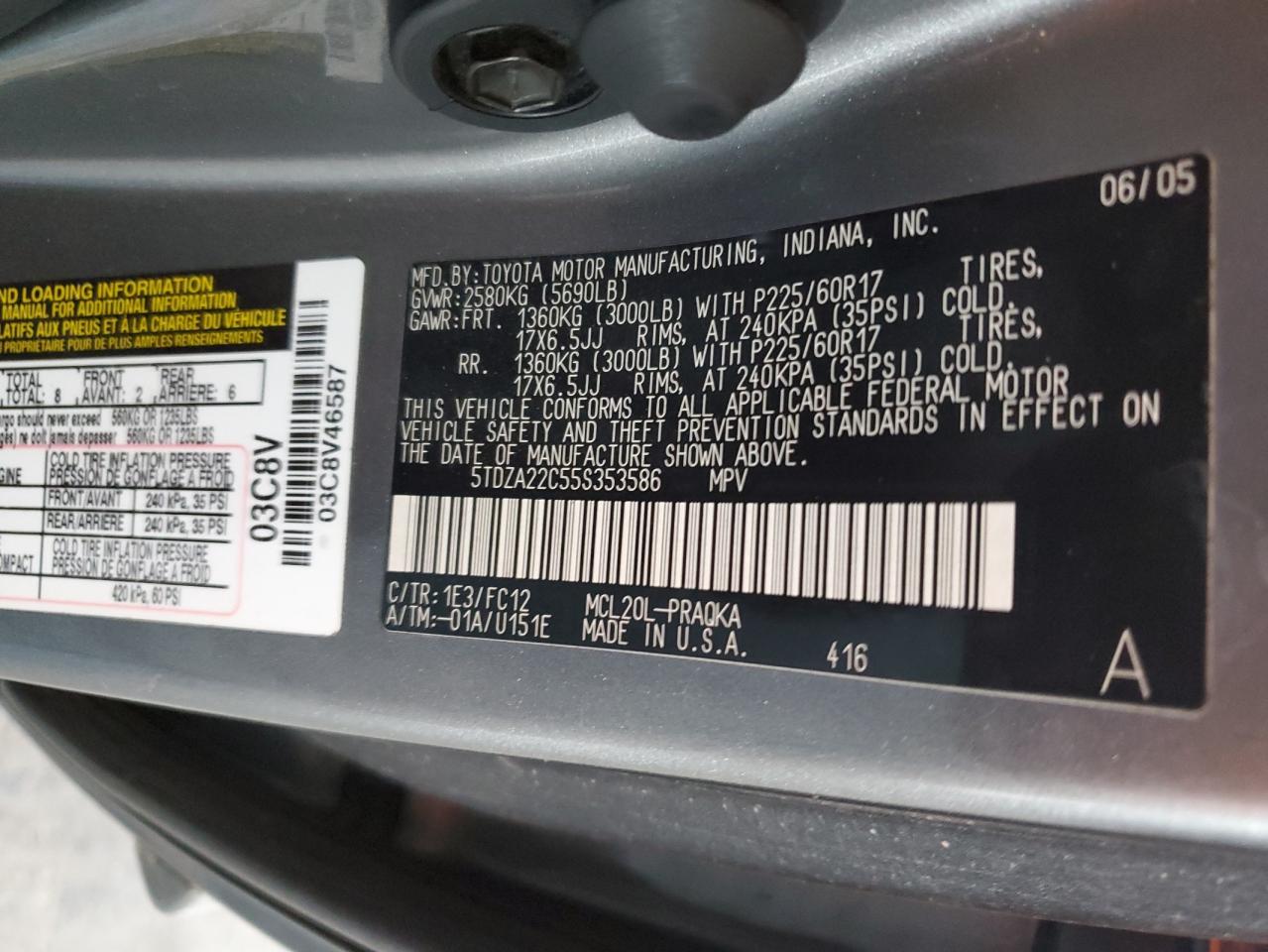 2005 Toyota Sienna Xle VIN: 5TDZA22C55S353586 Lot: 57102195