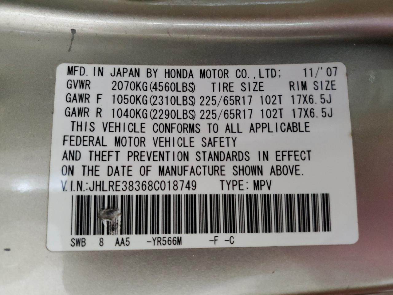 2008 Honda Cr-V Lx VIN: JHLRE38368C018749 Lot: 57131165