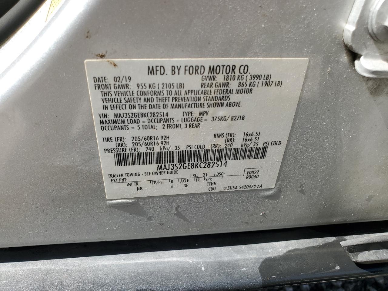 2019 Ford Ecosport Se VIN: MAJ3S2GE8KC282514 Lot: 55422455