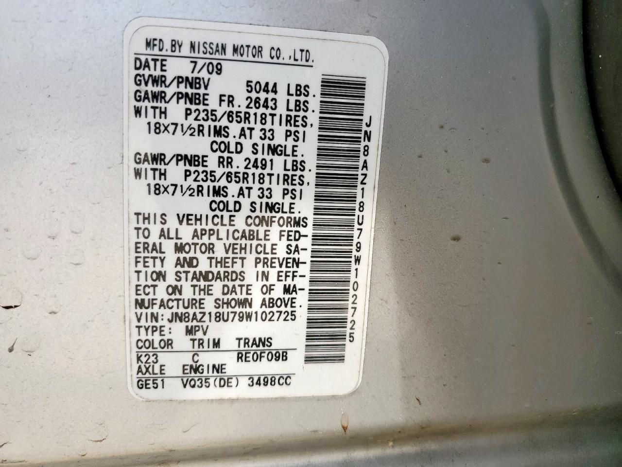 2009 Nissan Murano S VIN: JN8AZ18U79W102725 Lot: 58392655