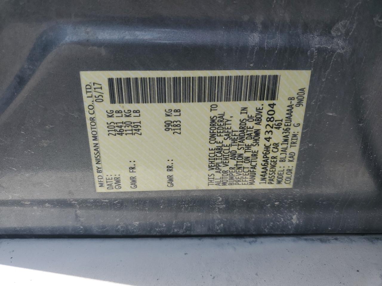 2017 Nissan Maxima 3.5S VIN: 1N4AA6AP6HC432804 Lot: 58436165