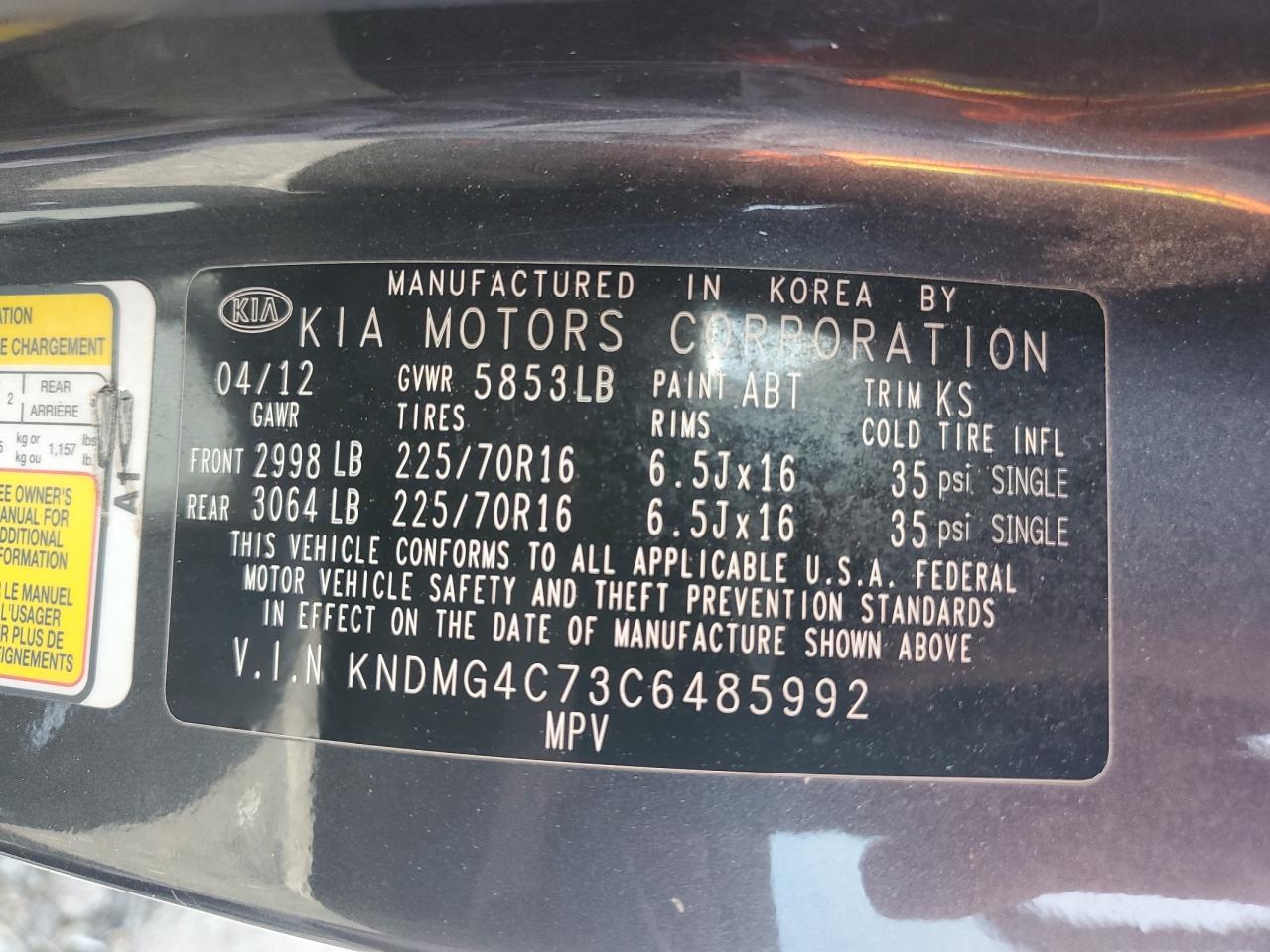 2012 Kia Sedona Lx VIN: KNDMG4C73C6485992 Lot: 58223115