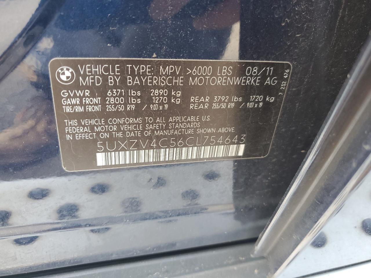 2012 BMW X5 xDrive35I VIN: 5UXZV4C56CL754643 Lot: 55970125